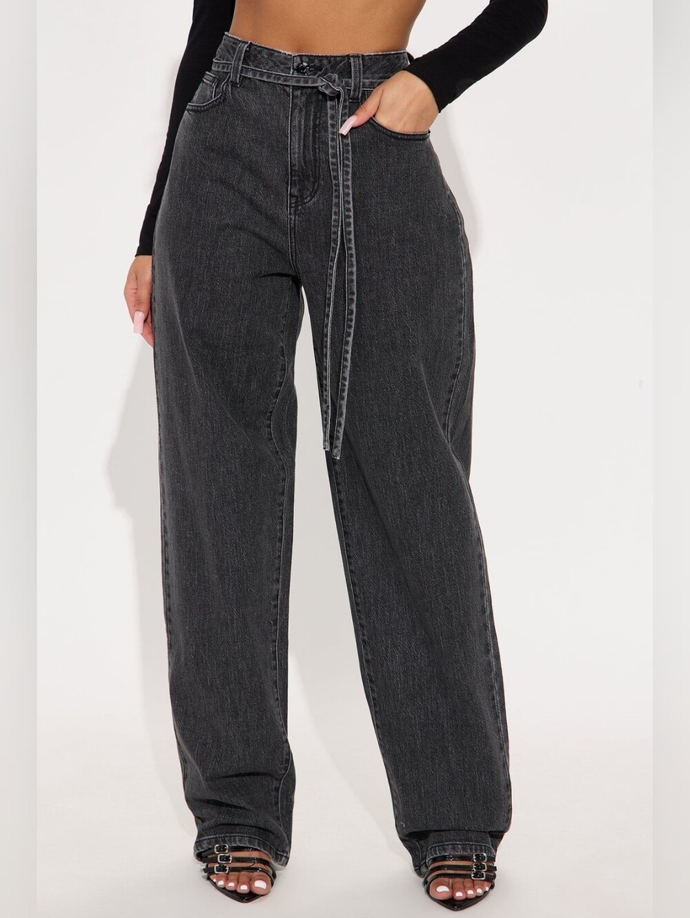 High-Waist Black Washed Wide Leg Jeans - Unbranded